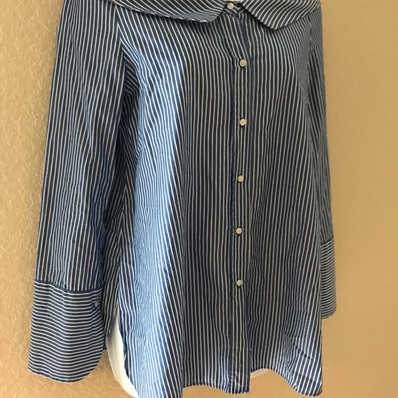 Zara blue white stripe off shoulder button down XS - Picture 4 of 6